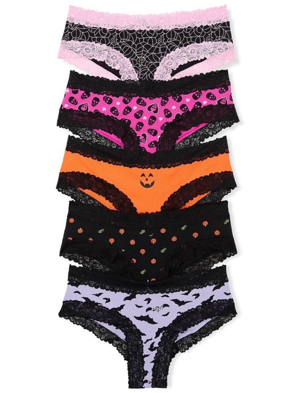 VS PINK HALLOWEEN Wink Lace Trim Cheeky Panties Medium Multi 5 Pack NEW